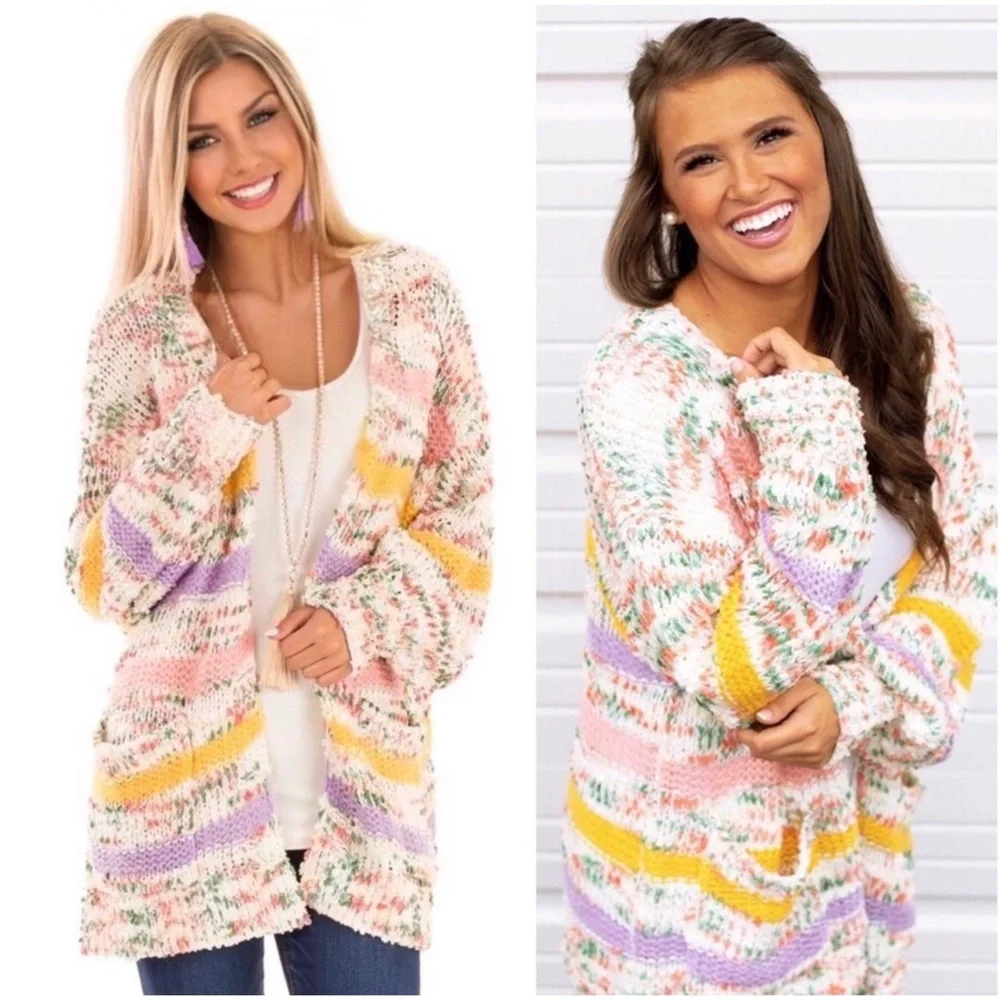 1 LEFT! Speckled Knit Women's Stripe Confetti Warm Fall Women's Cardigan Sweater - Picture 4 of 5